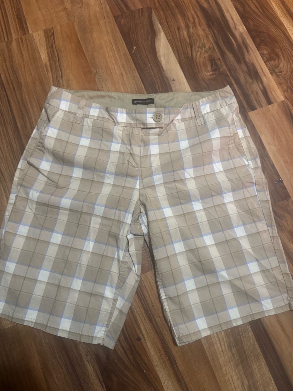 New York & Company Beige Plaid Bermuda Shorts